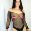 Fishnet Rhinestone Small Hole Bodysuit &#8211; Black