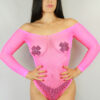 Fishnet Rhinestone Small Hole Bodysuit &#8211; Pink