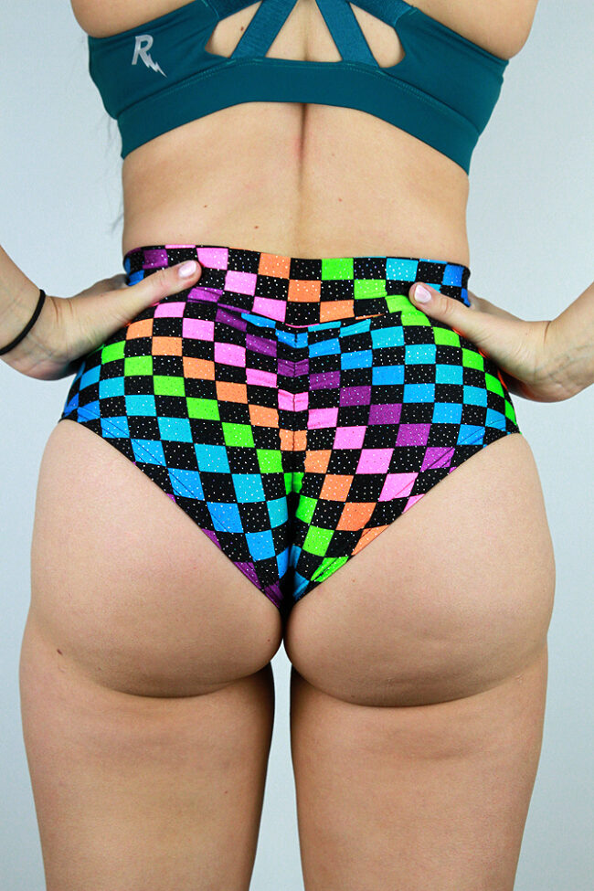Checkerboard-Mid-Waisted-BRAZIL-Scrunchie-Bum-Shorts-Pole-Wear-back-Rarr-designs.jpg