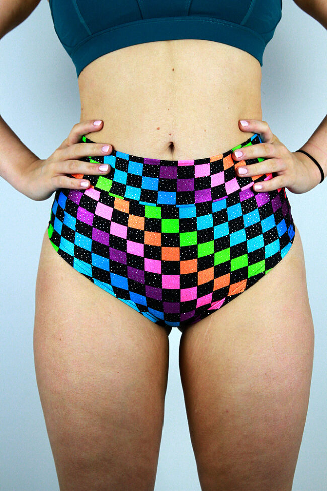 Checkerboard-Mid-Waisted-BRAZIL-Scrunchie-Bum-Shorts-Pole-Wear-front-Rarr-designs.jpg