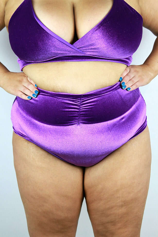 Velveteratti-High-Waisted-BRAZIL-Scrunchie-Bum-Shorts-Plus-Size-Glitter-Purple-front-Rarr-designs.jpg