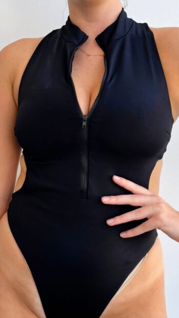 Marina High Neck Zipper Scuba Bodysuit Black