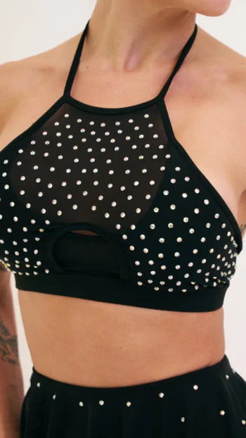 Demi Mesh Diamante Halter Black